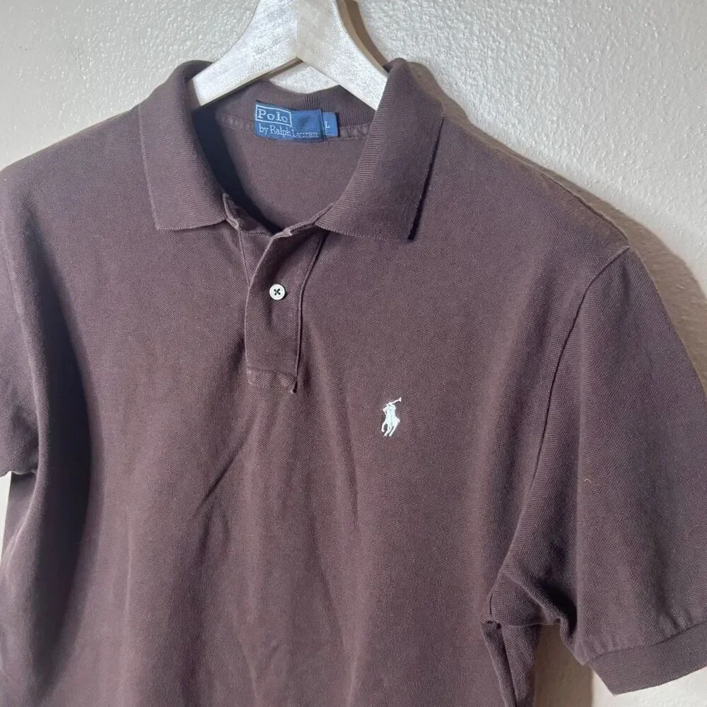 Polo Ralph Lauren Shirt Mens L Brown Mesh Polo Short Sleeve White Pony Faded